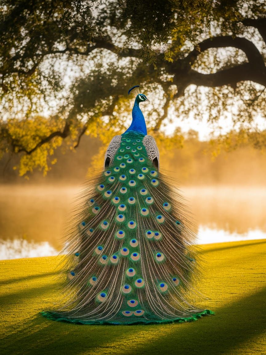 Regal Peacock Shines with Sequins in Golden Light