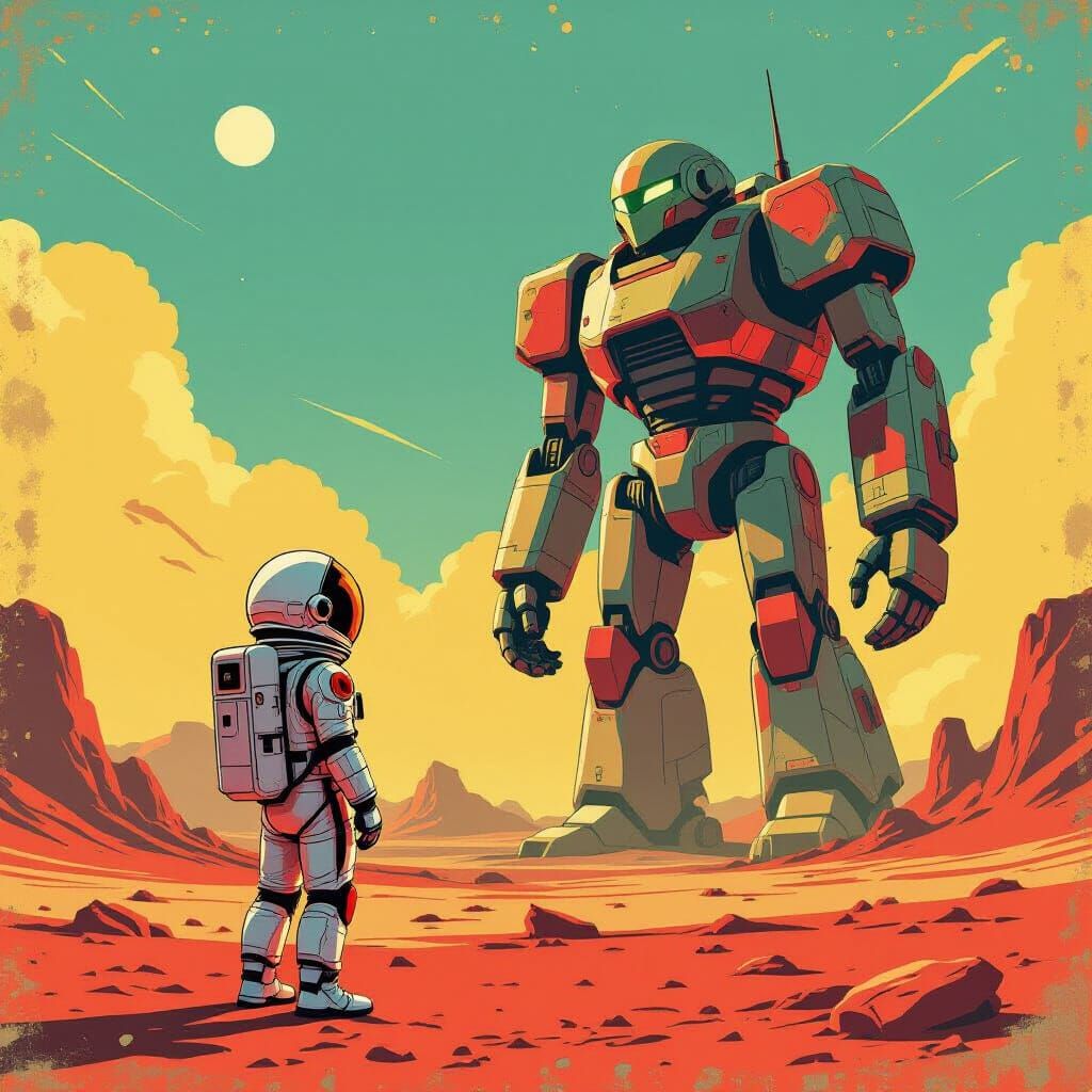 Astronaut and Crumbling Robot on Alien Planet in Retro Sci-F...