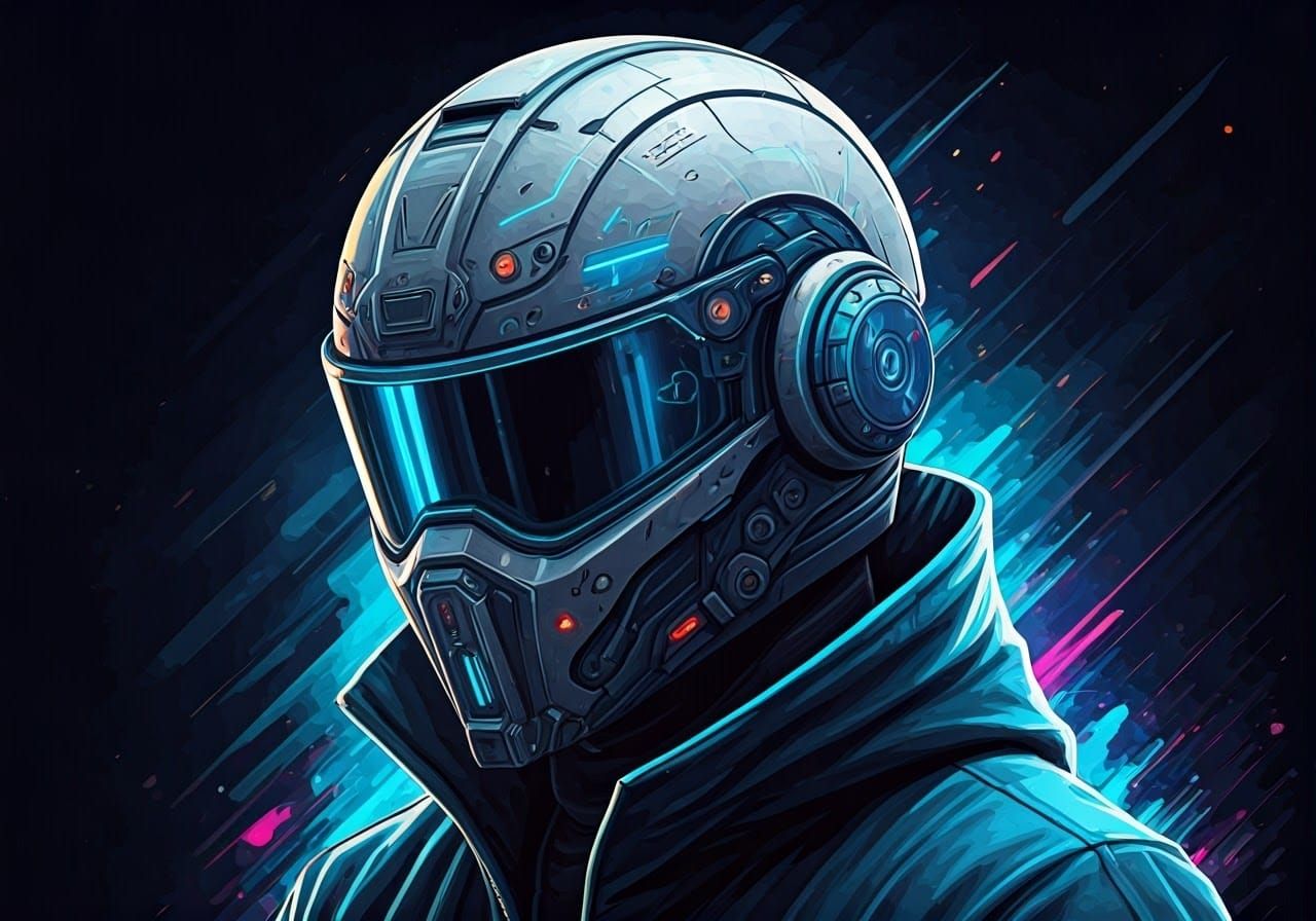 Futuristic DJ Helmet in Neon Cyberpunk Cityscape