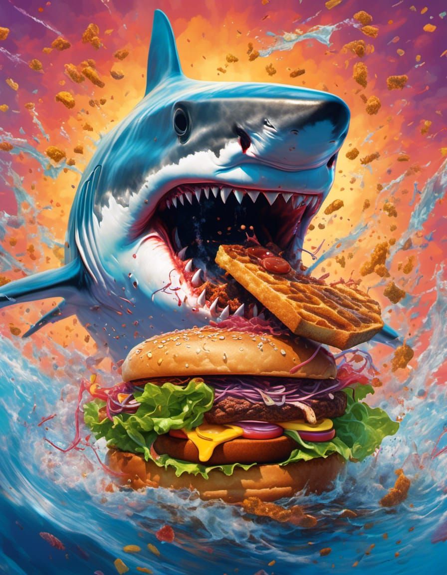 Great White Shark Enjoys Hamburger: Hyperrealistic Splash Ar...