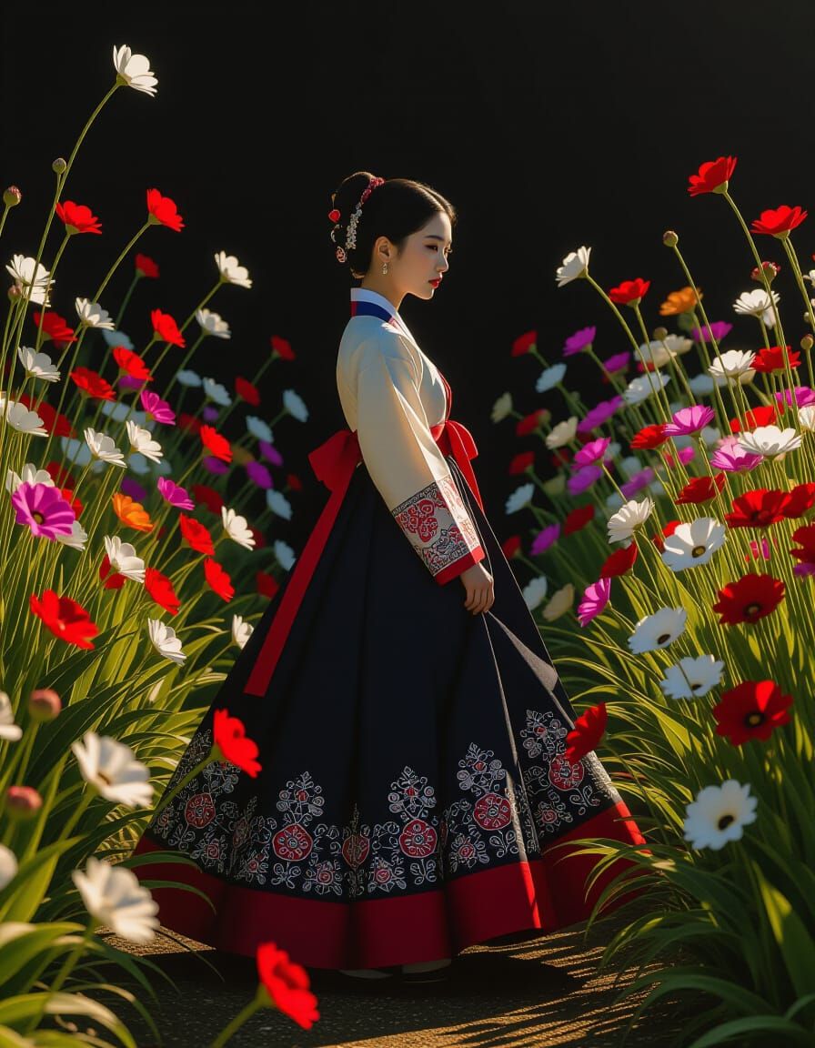 Korean Woman in Hanbok in Ethereal Garden