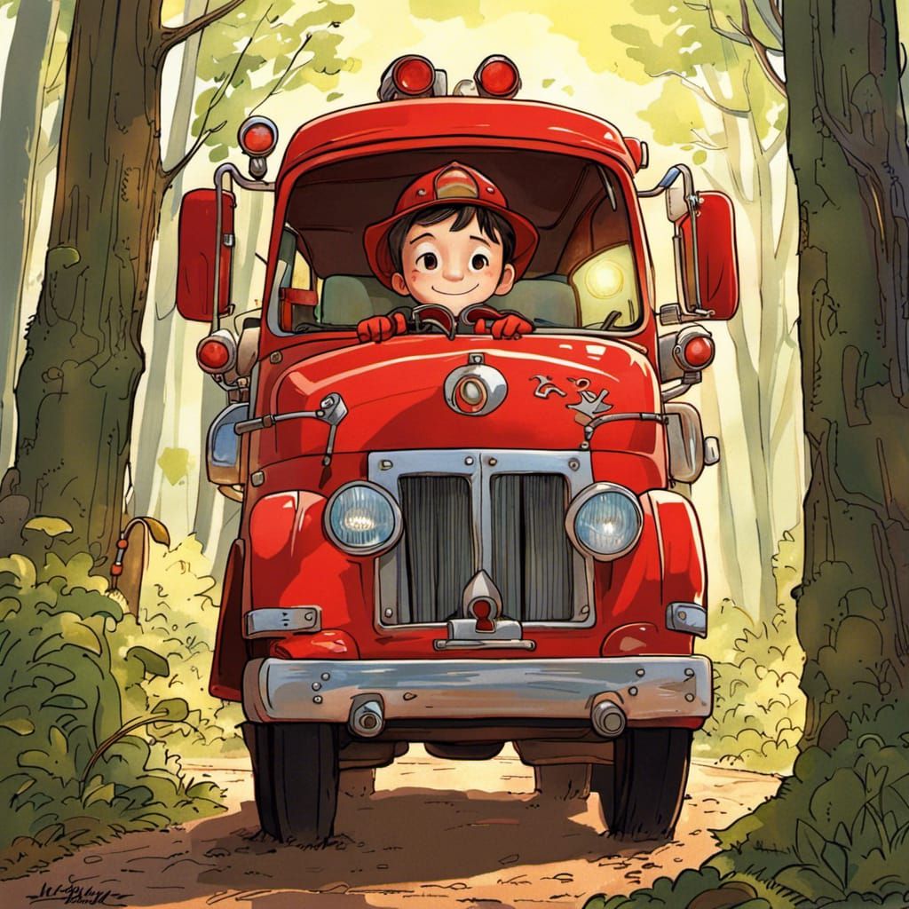 Smiling Fireman Drives Toy Truck: Detailed Digital Art
