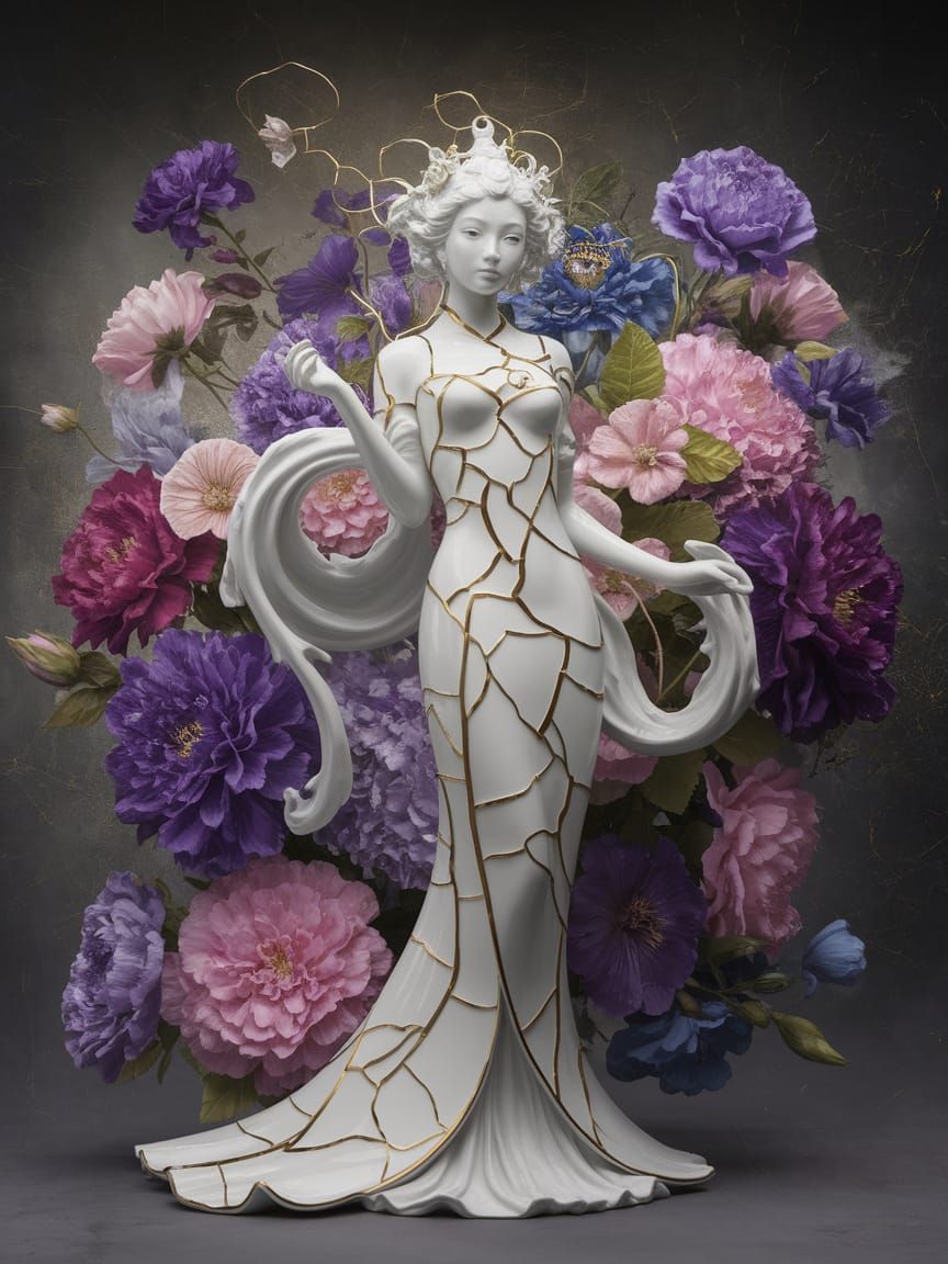 Japanese Woman in Fractured Porcelain Beauty