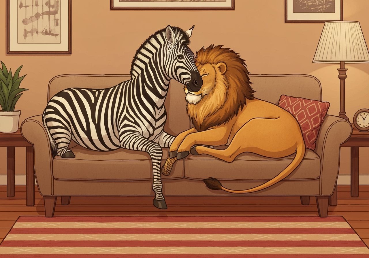 Zebra and Lion Snuggle on Couch