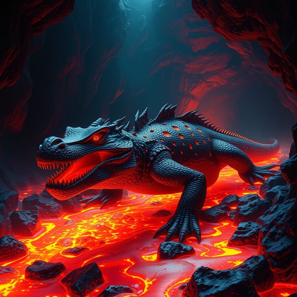 A massive, demonic snapping Komodo dragon with rugged, dark scales and fiery red eyes swims through a river of molten la...