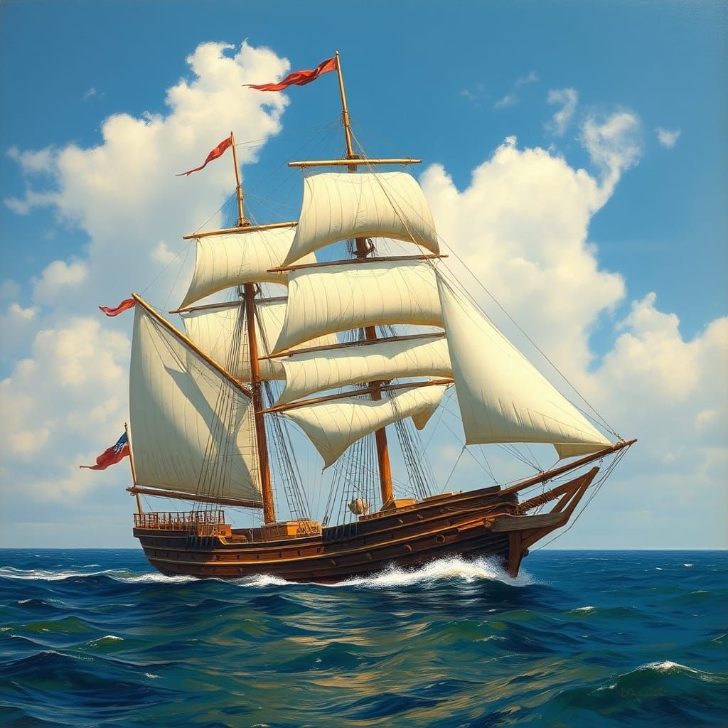 Clipper Ship Sailing on Calm Ocean in Romantic Style