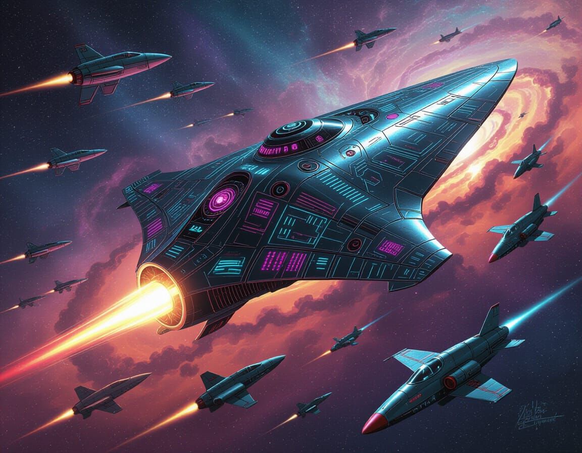 Clockwork Stingray in Synthwave Nebula