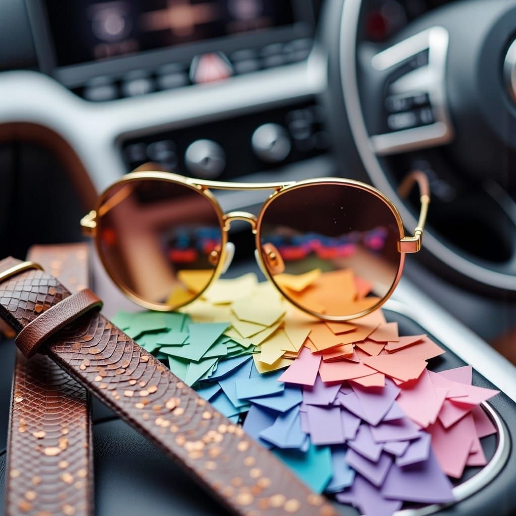 Gold Sunglasses and Mosaic Belt on Dashboard