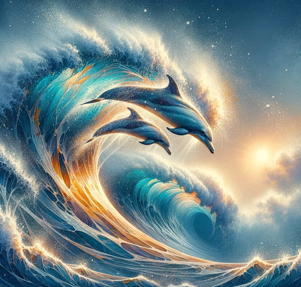 Dolphins Surfing a Wave in Watercolour Style