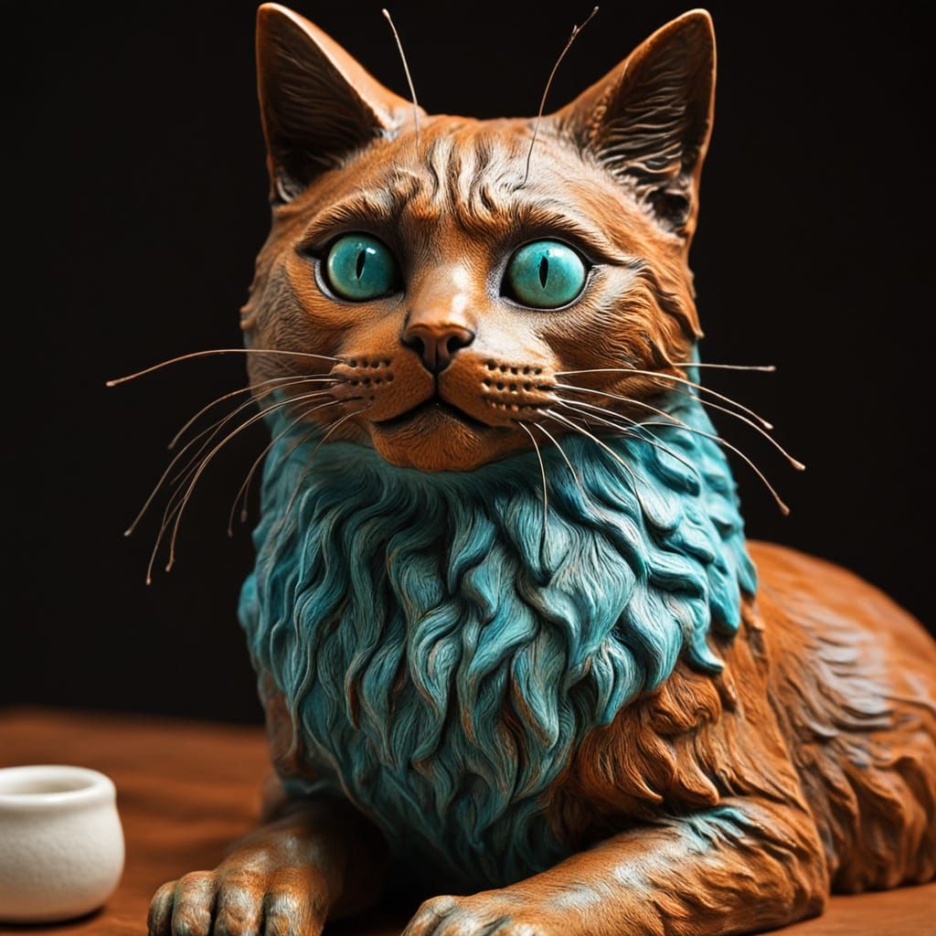 Earthy Terracotta Cat Sculpture with Turquoise Eyes