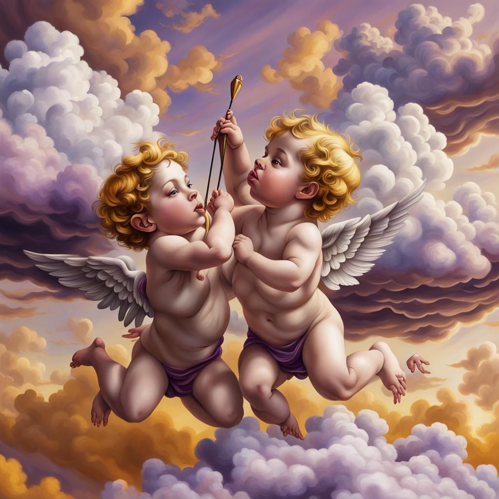 Cupids Playing on Clouds in Hyperrealism