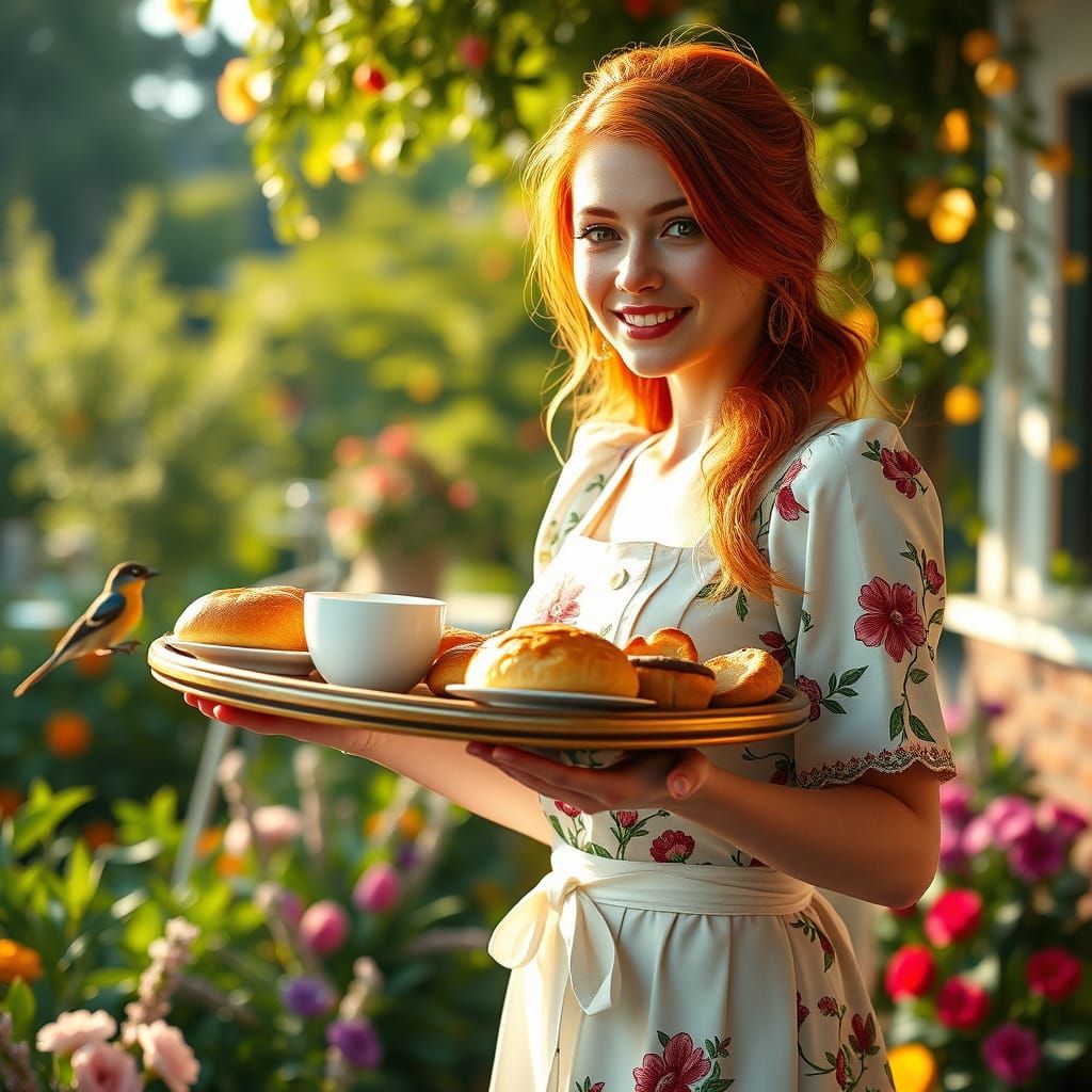 Stunning Hyperrealistic Portrait of Happy Tradwife in Sunlit...