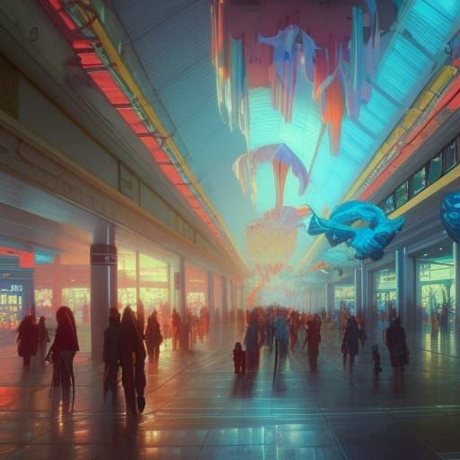 Vibrant 1980s Mall Scene in Hyperdetailed Concept Art