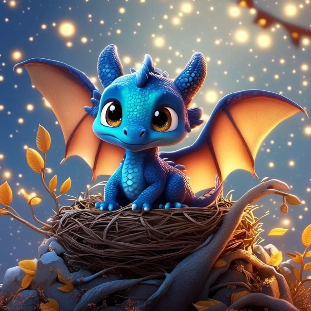 Adorable Baby Dragon in Starry Night, Pixar Style