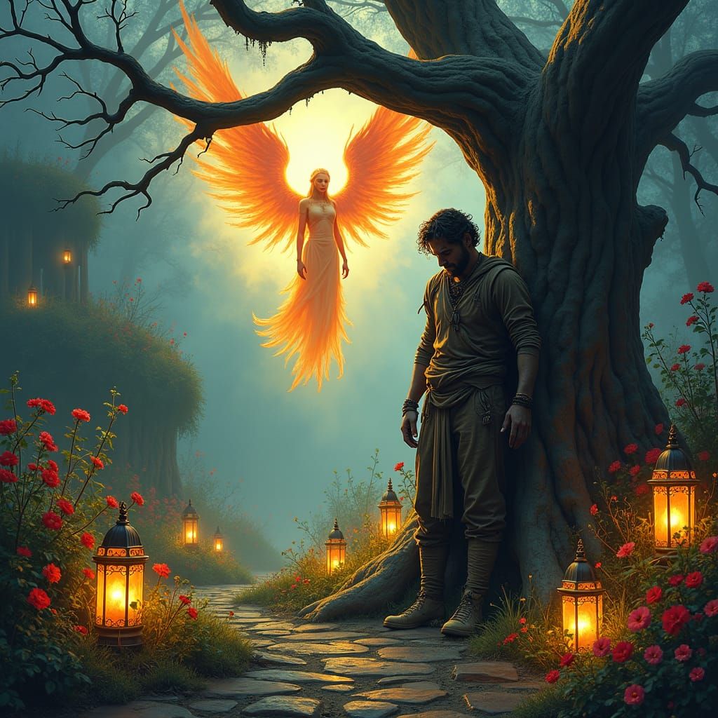 Despairing Man Shelters From Fire Angel