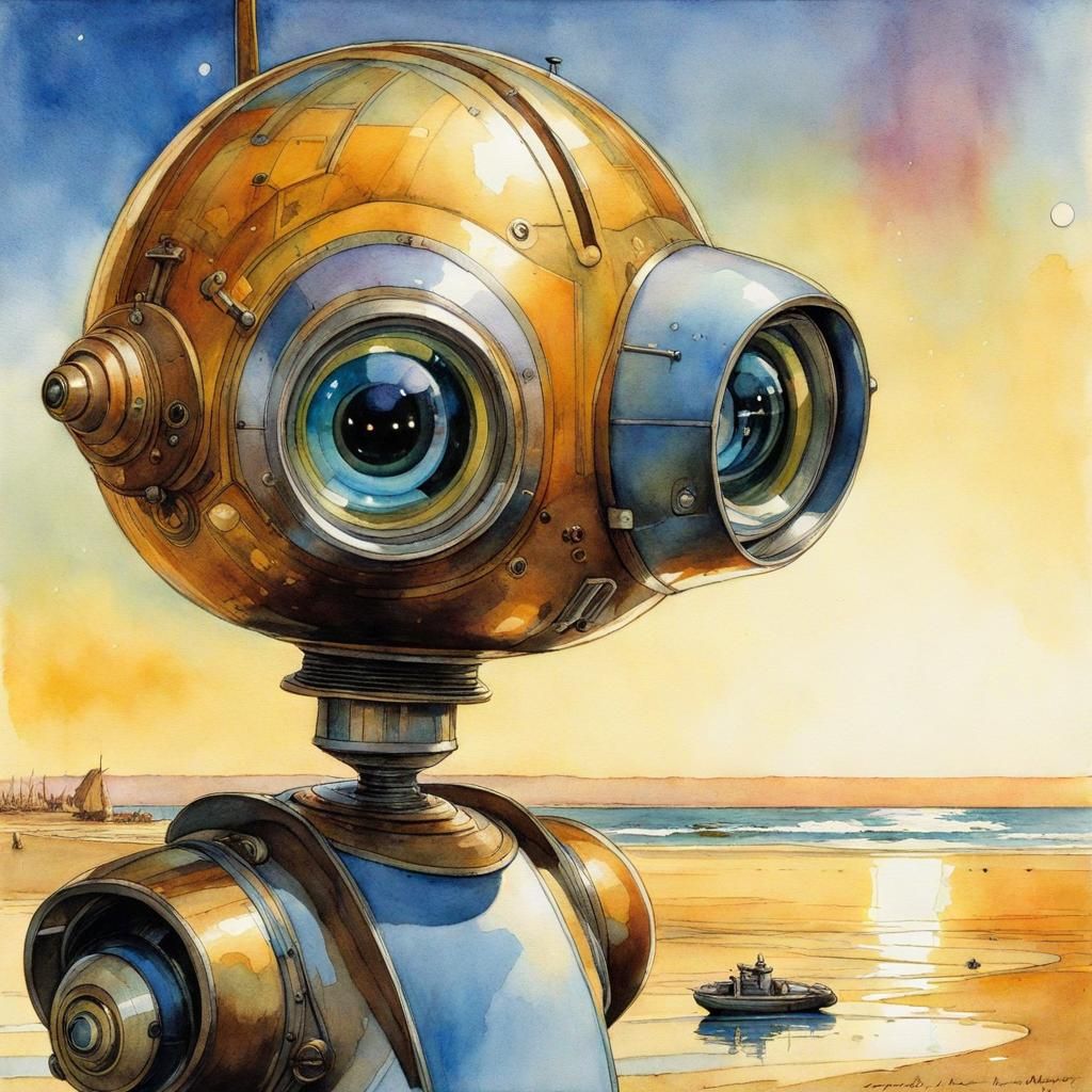 Cute Droid Gazing Skyward: Vaporwave Watercolor Art