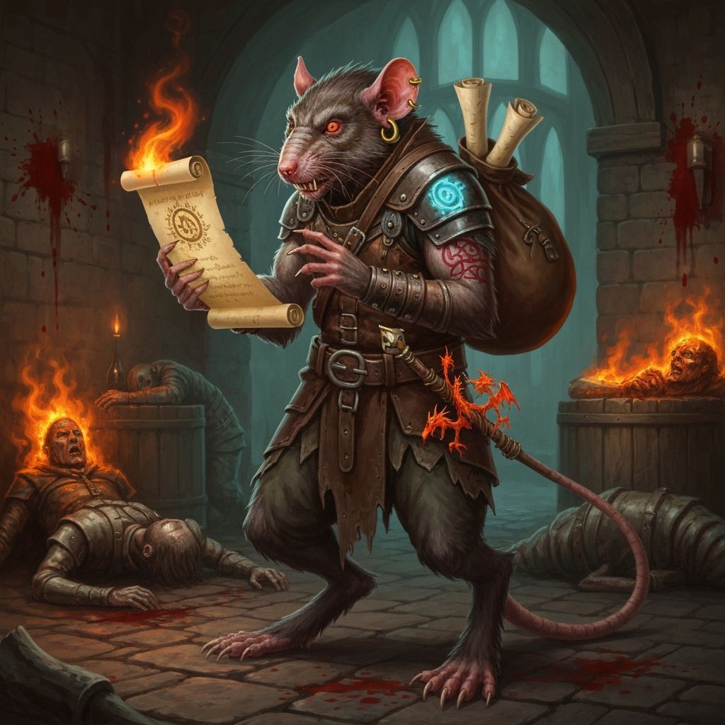 Mystical Wererat Thief Incanting Spell in Dark Tavern