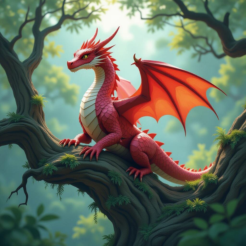 Paper Dragon on Ancient Tree in Fantasy Forest