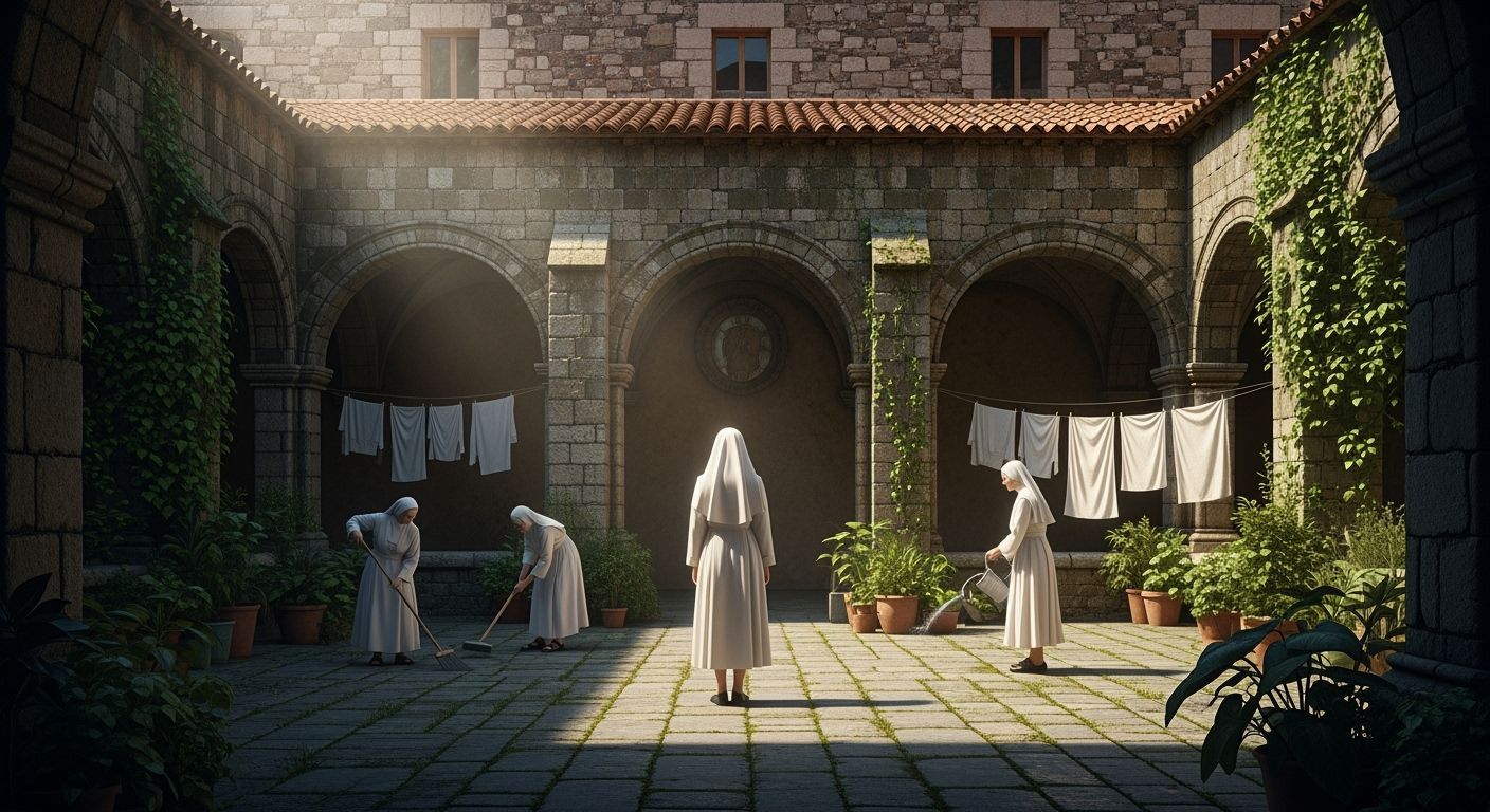 Nuns Busy in Sunlit Monastery Courtyard
