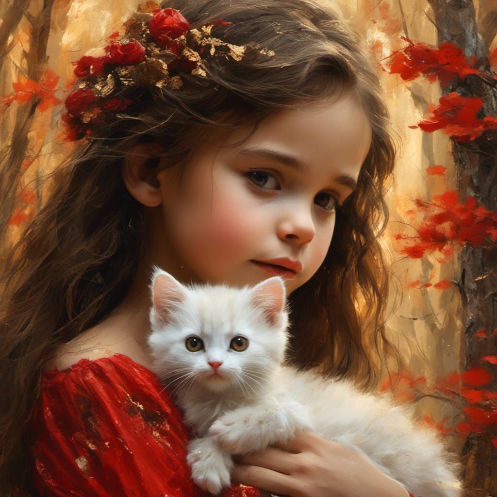 girl in red with her cat ..