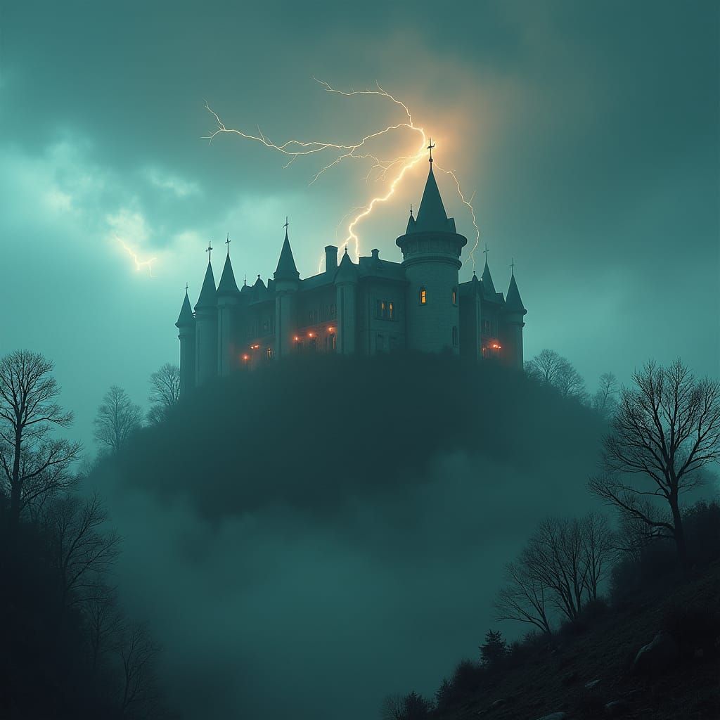 Eerie Mansion on Hill During Storm