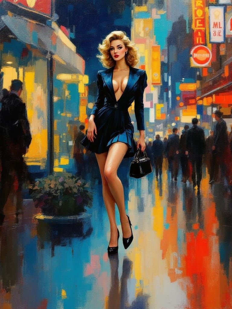 1950s Pin-Up Woman in City Rain, Expressionist Style