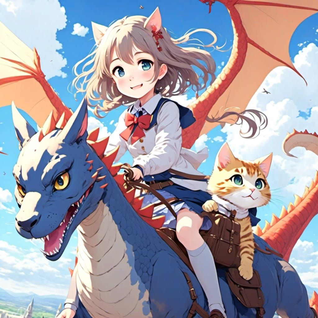 Anime Girl and Cat on Flying Dragon