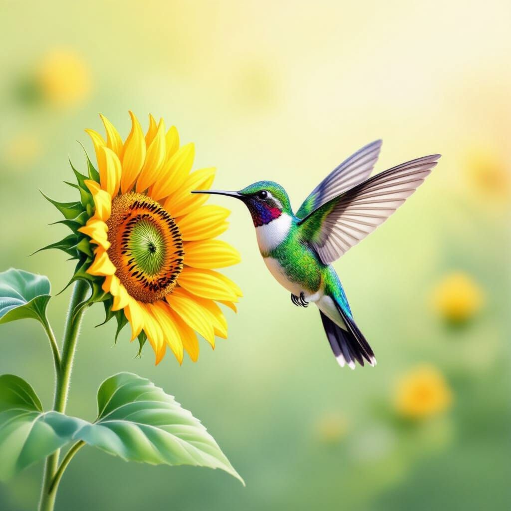 Hummingbird and Sunflower in Delicate Watercolor Style