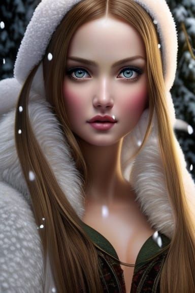 Detailed Portrait of a Brunette Woman in Snow