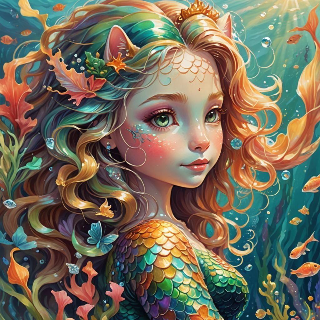 Mermaid Cat Exploring a Colorful Ocean World
