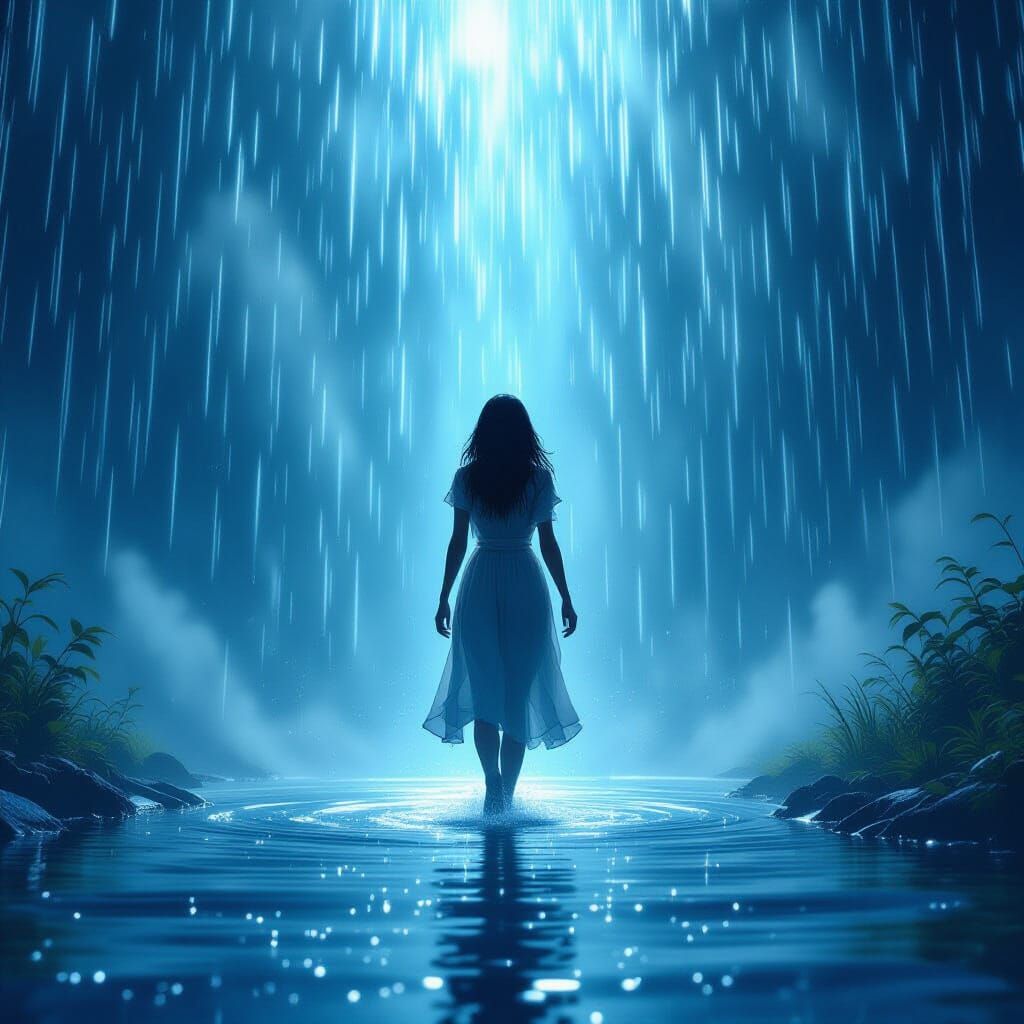 Woman Enters Rain Portal in Digital Art Style