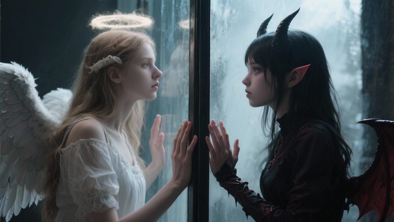 Angel and Demon Girl Longing Through Glass