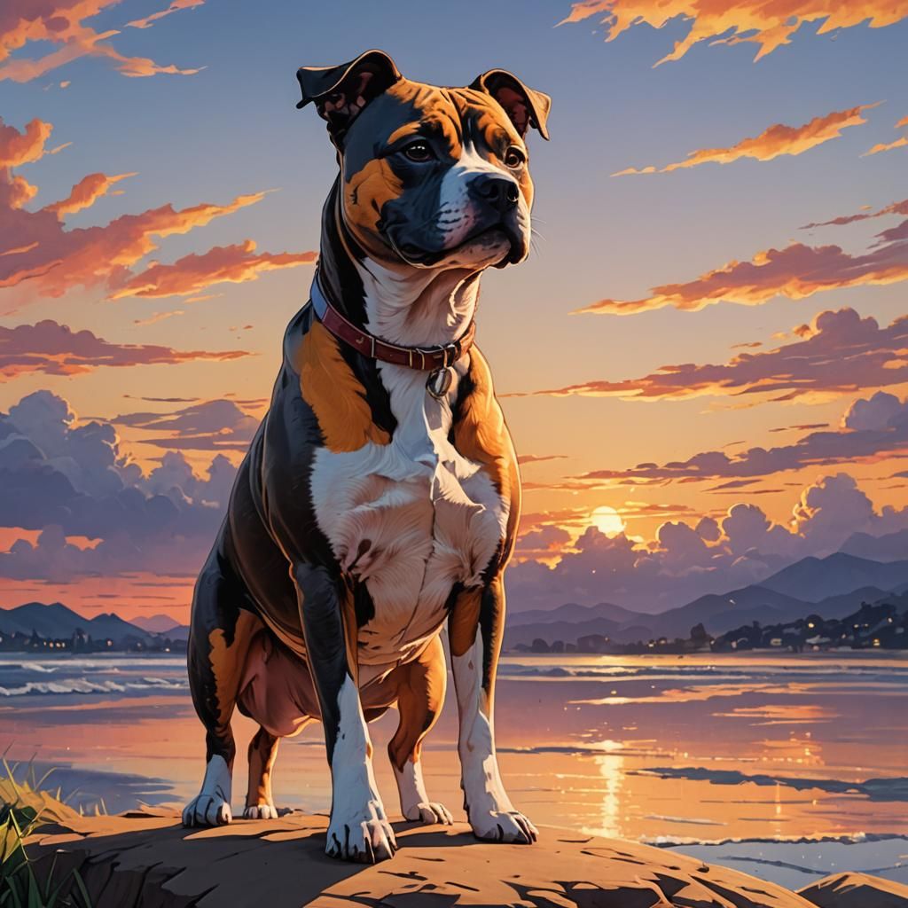 Anime Style Staffy Dog at Sunset