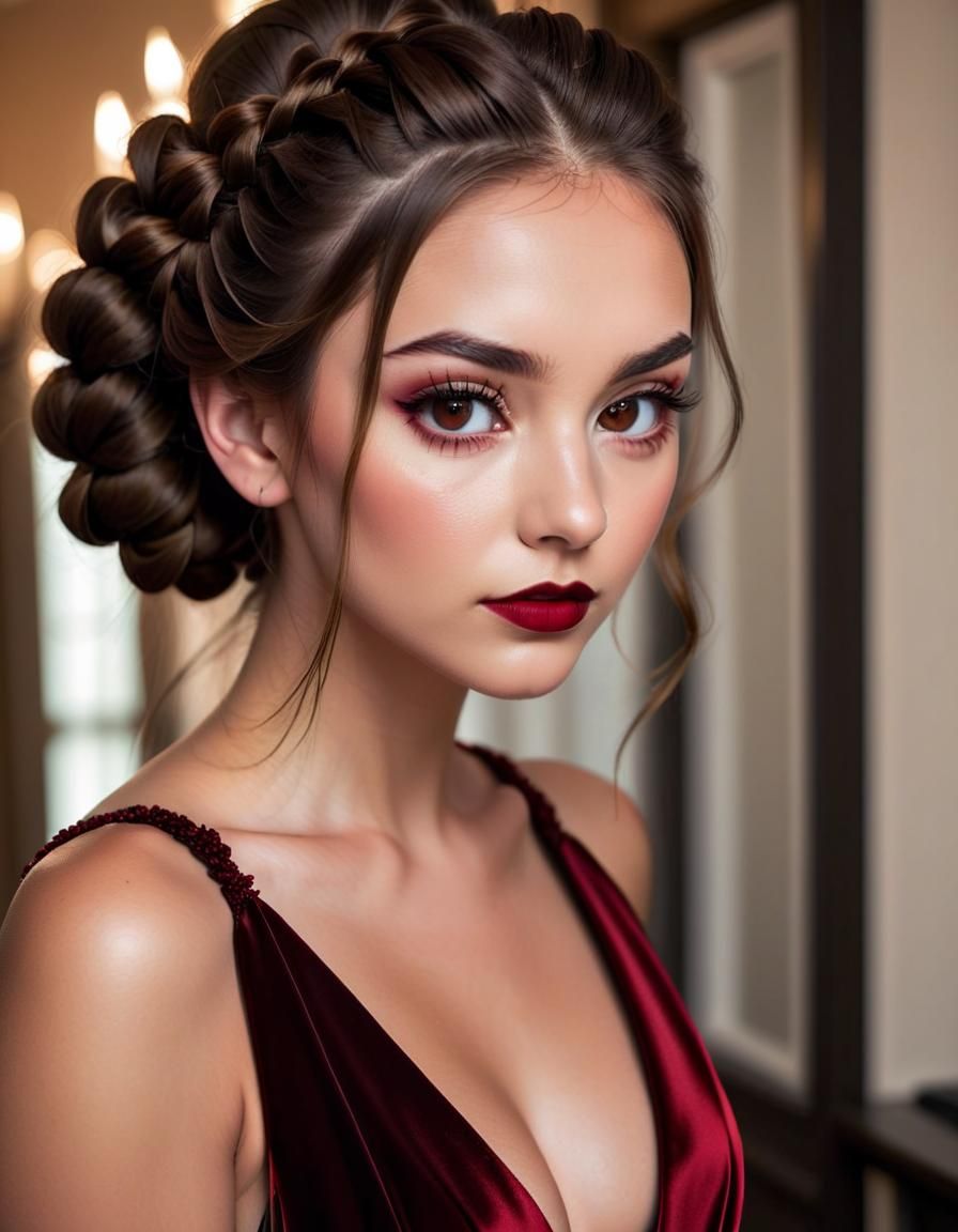 Teenage Girl in Red Gown with Smoky Eyes