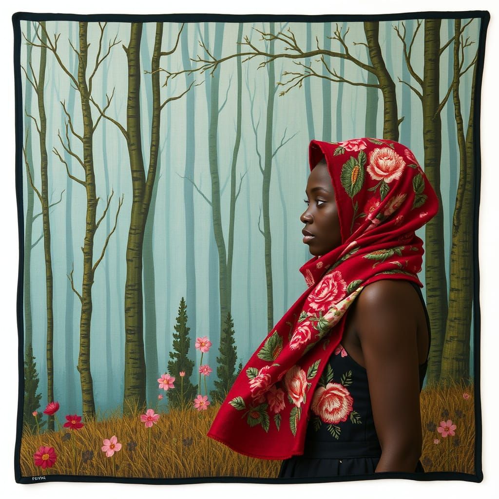 Floral Embroidered Scarf Portrait in Contemporary Style