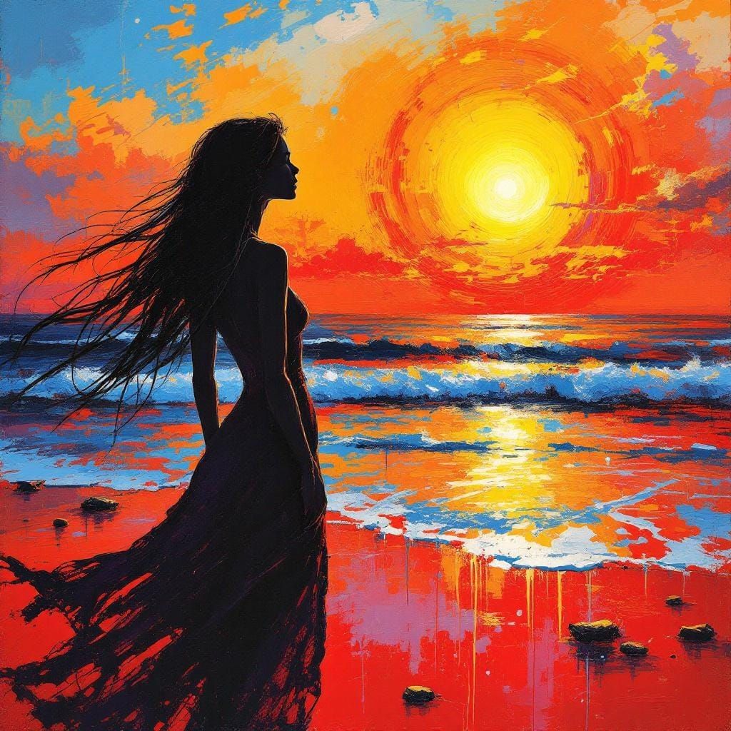 Abstract Sunset Silhouette on Fiery Beach as Vivid Art