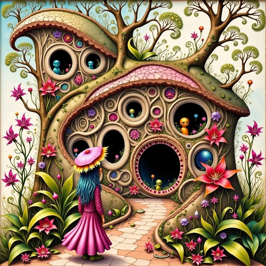 Whimsical Flower Child in Hundertwasser-Inspired Eco-House