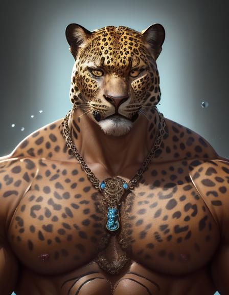 anthropomorphic leopard man with massive muscular muscle ,8k resolution concept art portret from front realistic face