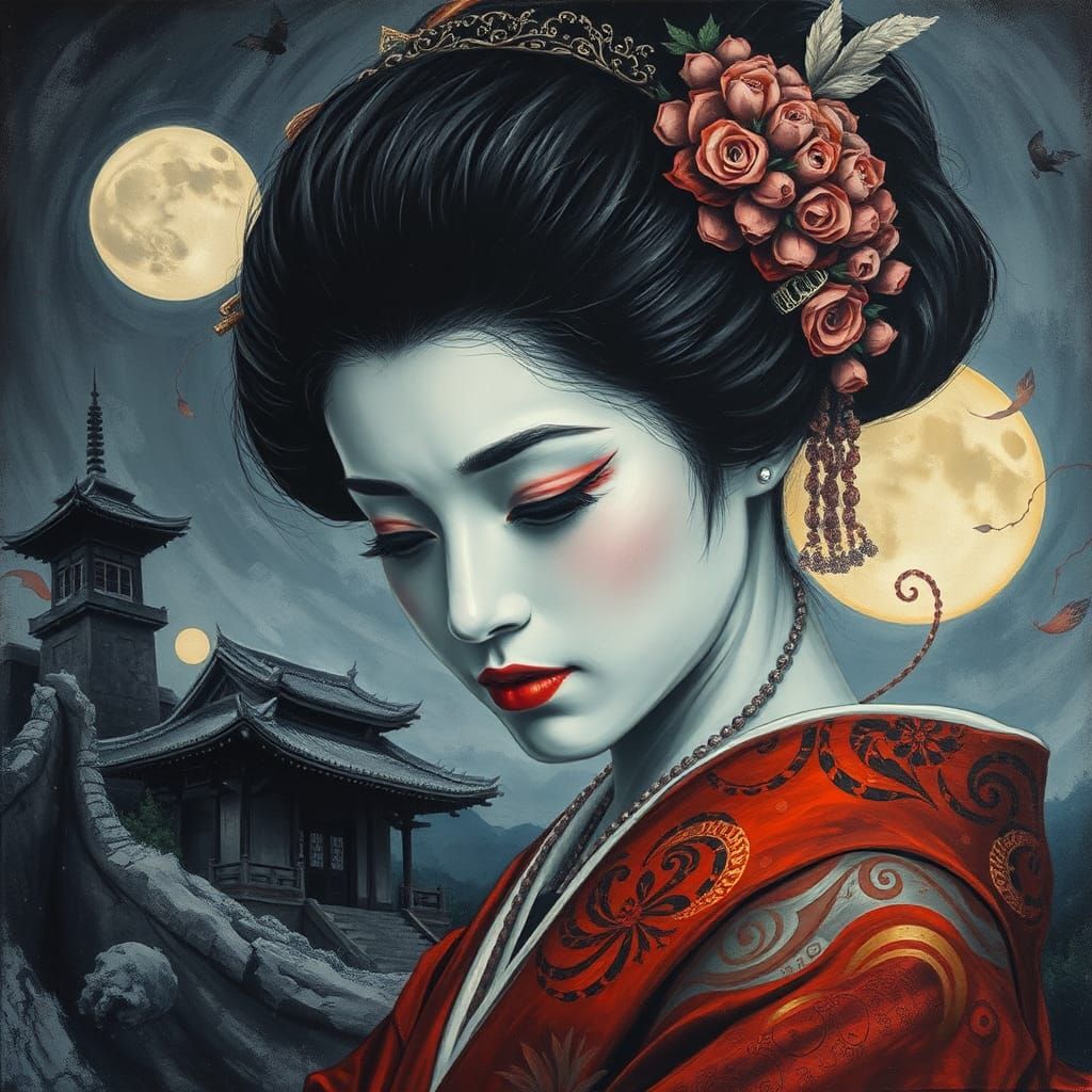Geisha in Art Deco Surrealism as Impasto Painting