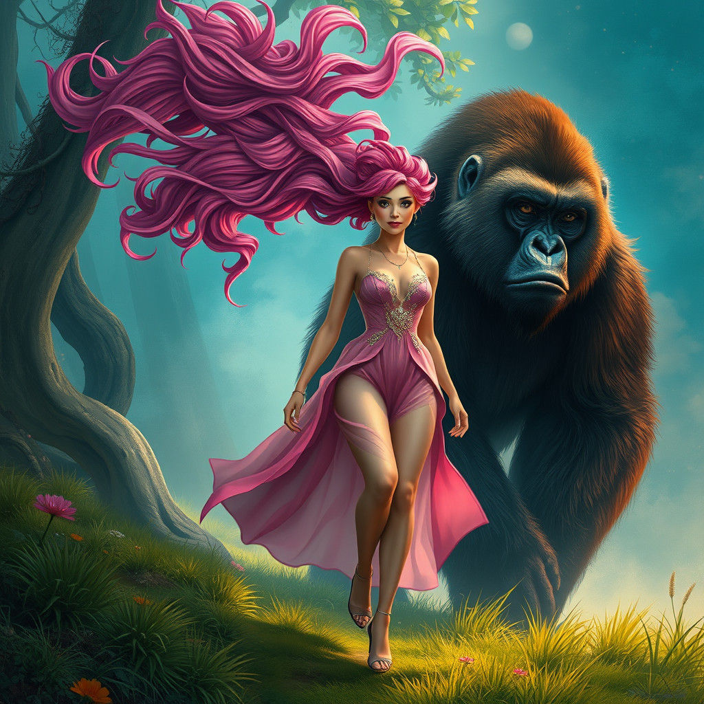 Woman and Gorilla in Dreamlike Fantasy Landscape