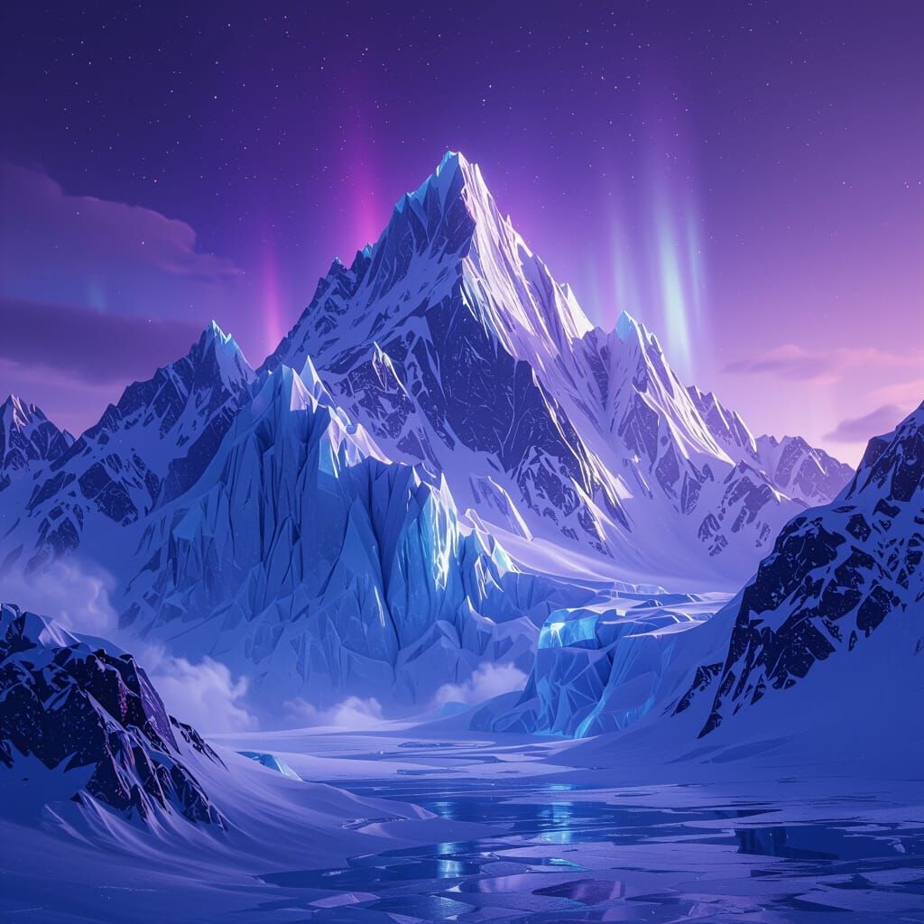Colossal Ice Mountain in Violet Sky, 3D Rendered