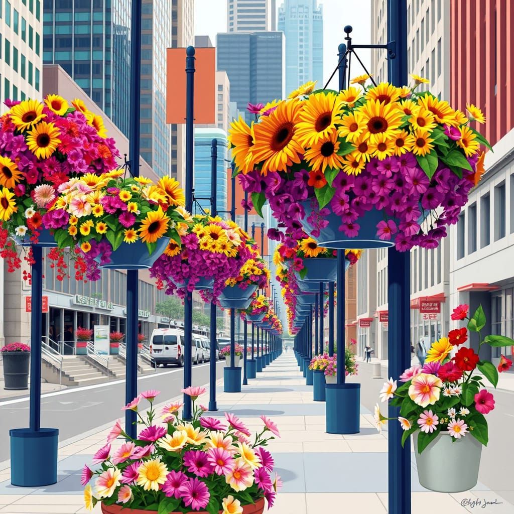 Vibrant Cityscape with Bold Street Art Flowers