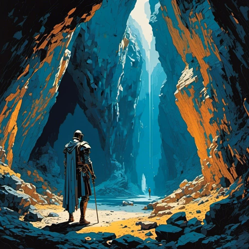Knight at Glowing Cave Entrance: Simple Illustration