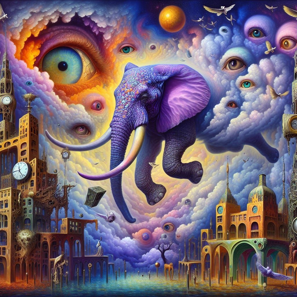 Surrealist Dreamscape in Vibrant Colors with Radiant Elephan...