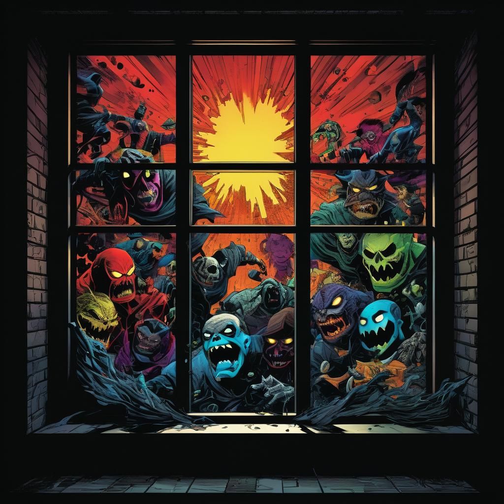 Comic Book Villains Emerge from Illustrated Window in Cyberp...