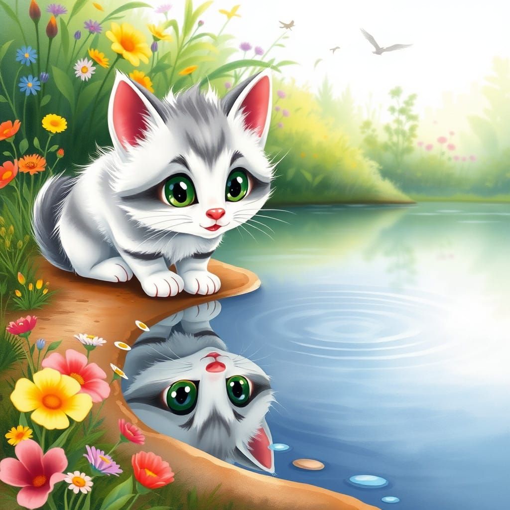 Playful Kitten Contemplates Its Reflection in a Serene River...