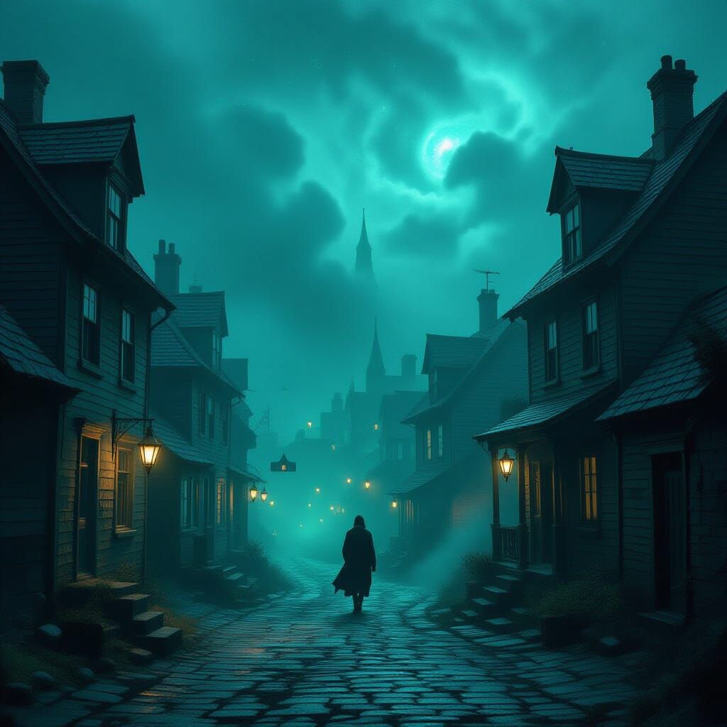 Abandoned Coastal Town in Bioluminescent Fog