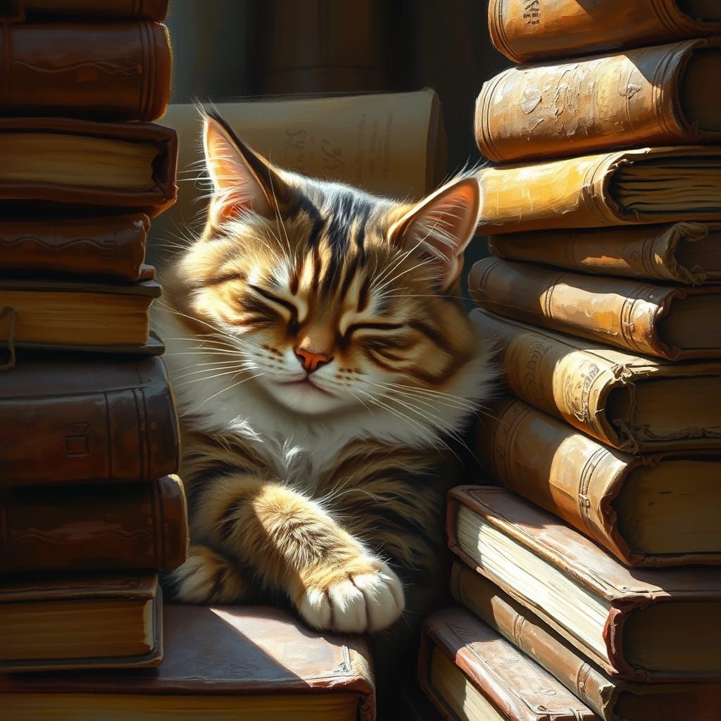 Impressionist Cat in a Cozy Library Scene