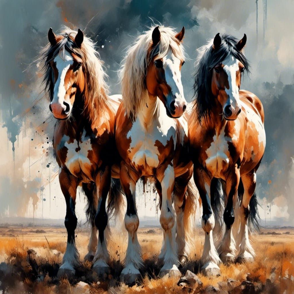 Three Miniature Shire Horses in Matte Painting Style