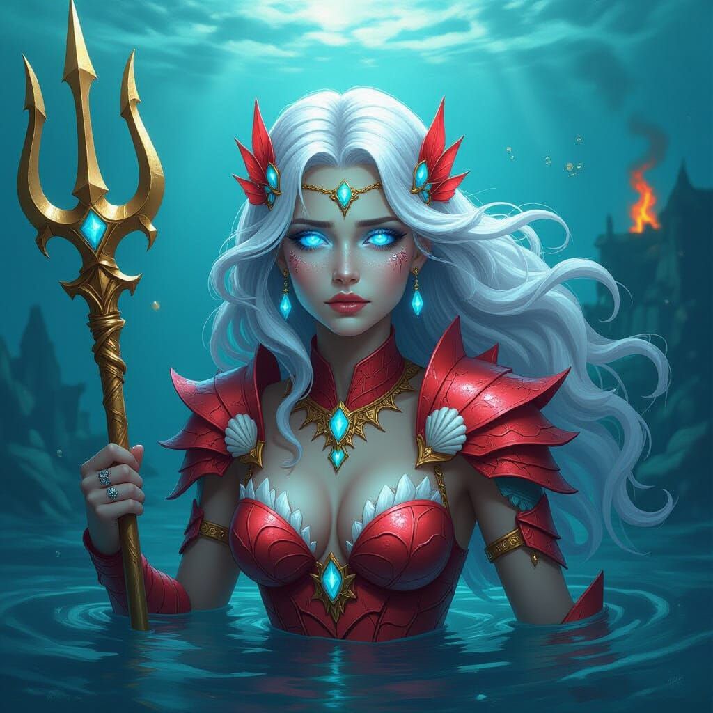 Sorrowful Dark Mermaid with Golden Trident in Stormy Waters